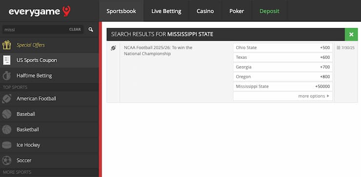An image of the betting screen from Everygame, a popular online sportsbook in Mississippi.